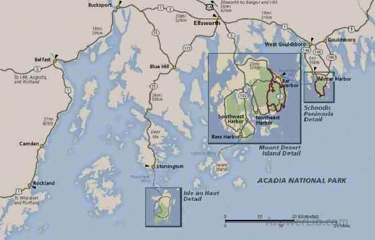 Map of the area around Akadia National Park