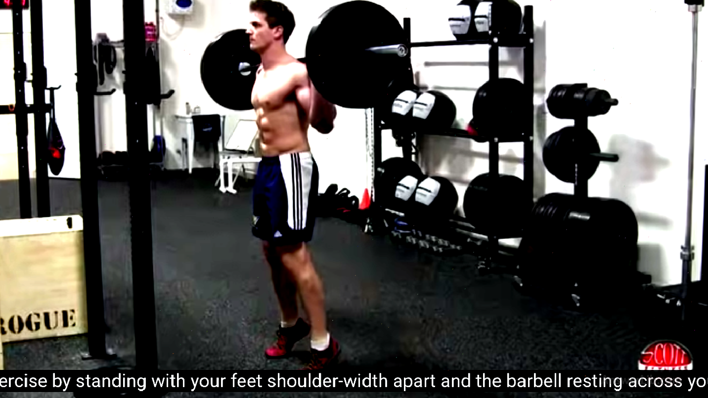 Use a barbell to make a barbell standing position (CALF RAISE)