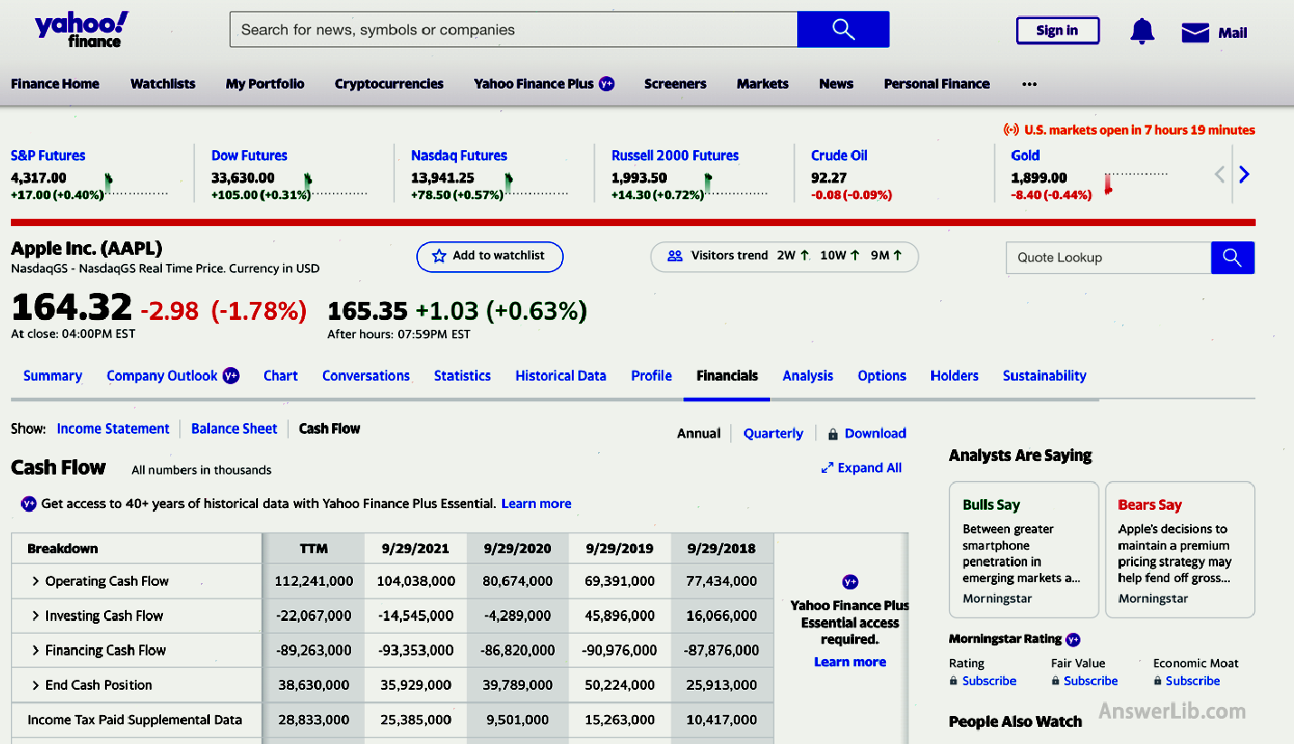 After entering the company's data page, click Financials in the data bar