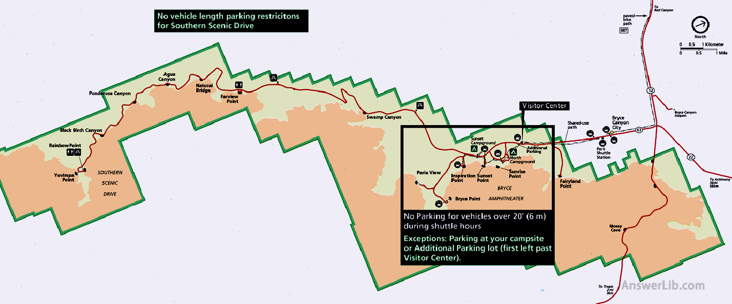 A map of Bryce Canyon National Park showing areas where oversized vehicles can and cannot park
