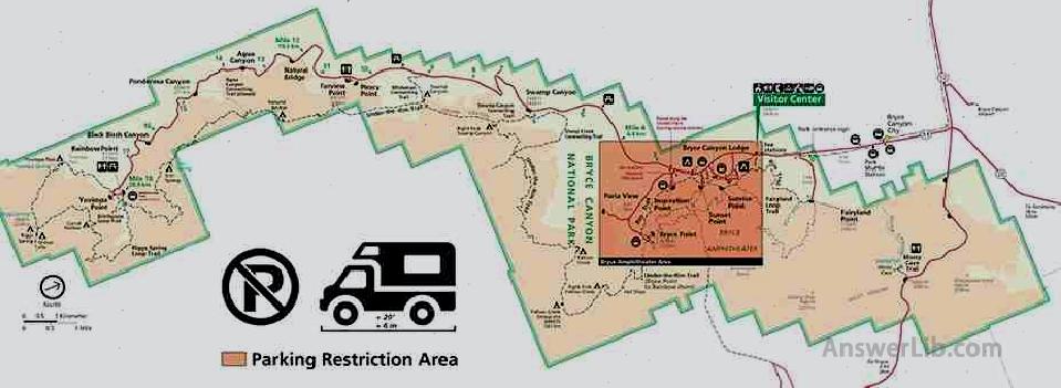 Map of Bryce Canyon National Park showing a red no parking area and RV icon with No parking icon