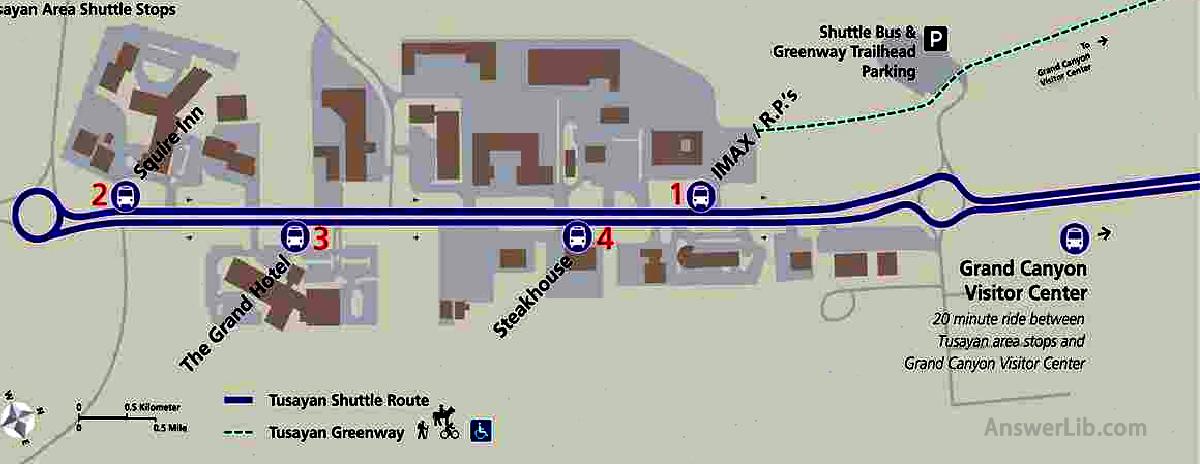 The Tusana route (purple) shuttle map display four bus stations, brown display buildings, purple display parking lots.