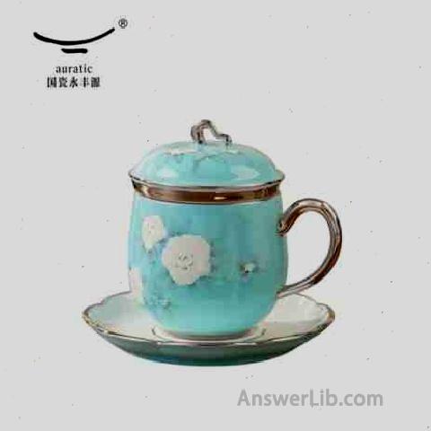 Auratic National Porcelain Yongfengyuan Mrs.Porcelain Hand-painted Blue Four-piece Set Covering Ceramic Bubble Cup 280ml