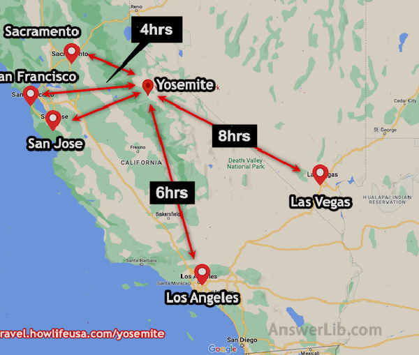 Distance between airports and Yosemite