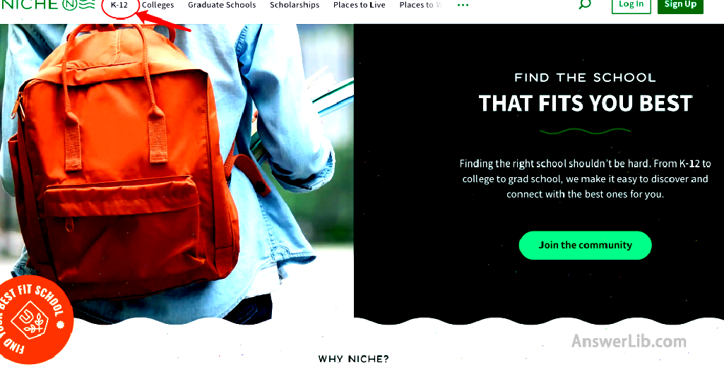 Enter niche.com, click the [K-12] option of clicking the menu bar