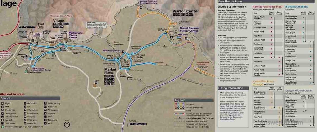 Part of the Nanyuan Pocket Map shows the Grand Canyon Village and the shuttle bus route with color lines.On the right; shuttle bus information and timetable.