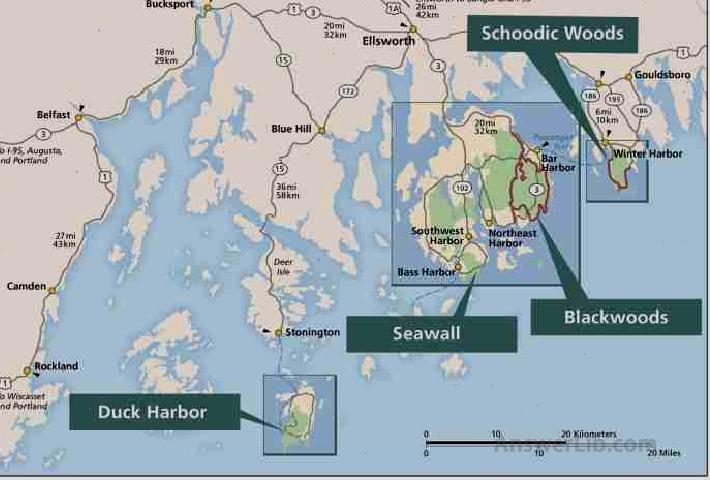 Regional map of Acadia indicating locations of four campgrounds