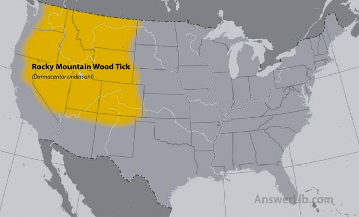 Map of the United States showing the approximate distribution of the Rocky mountain wood tick.The area effected is the Northwestern part of the country.