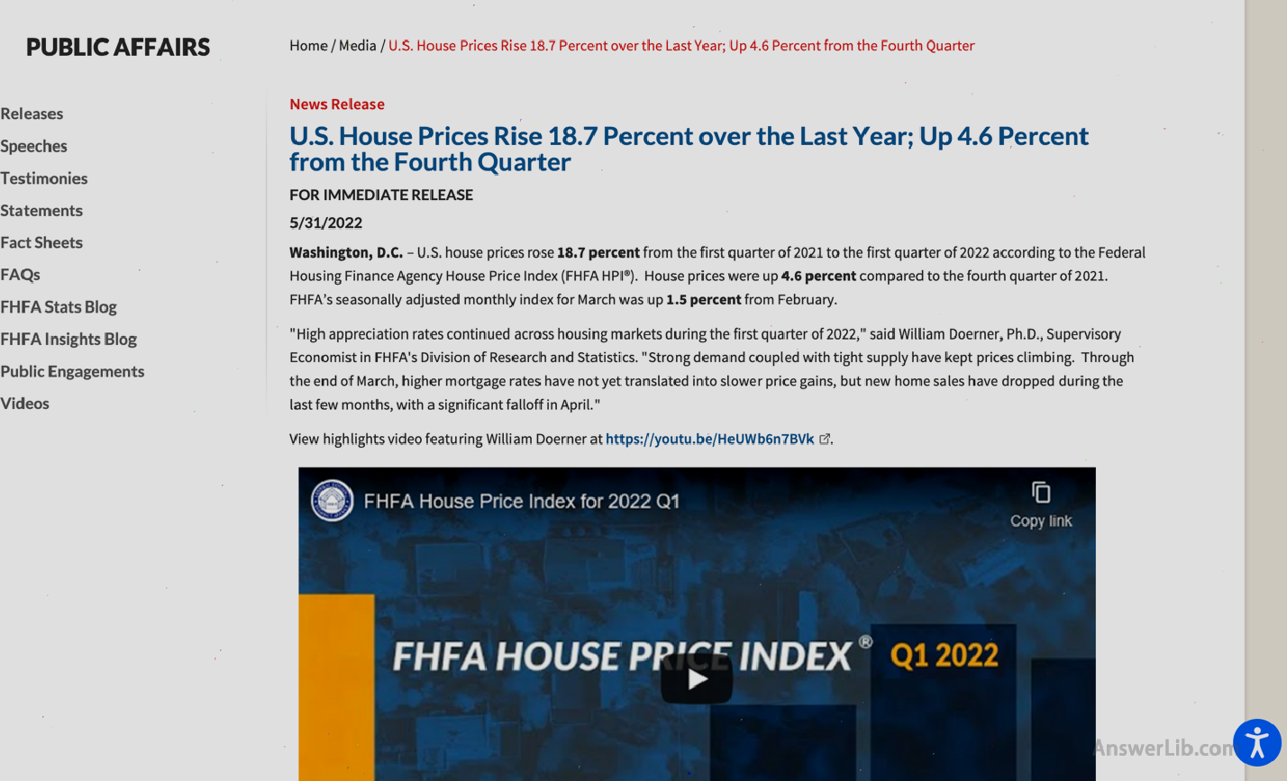 Federal Housing Financial Bureau LasSTEST FHFA HOUSE Price Index News Release and Report