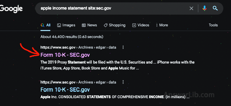 Use Google Search and use keywords Apple Income Statement Site: SEC.GOV