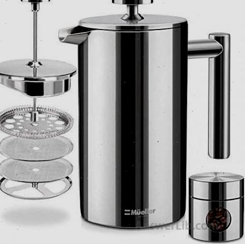 The most popular French pressure pot: Mueller French Press Double Insulated 304 Stainless Steel Coffee Maker